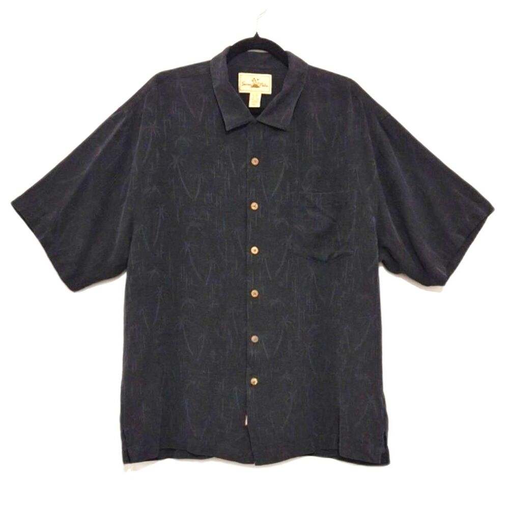 Seven Palm Men’s XL 100% Silk Shirt Charcoal Black Palm Tree Hawaiian Button Up
